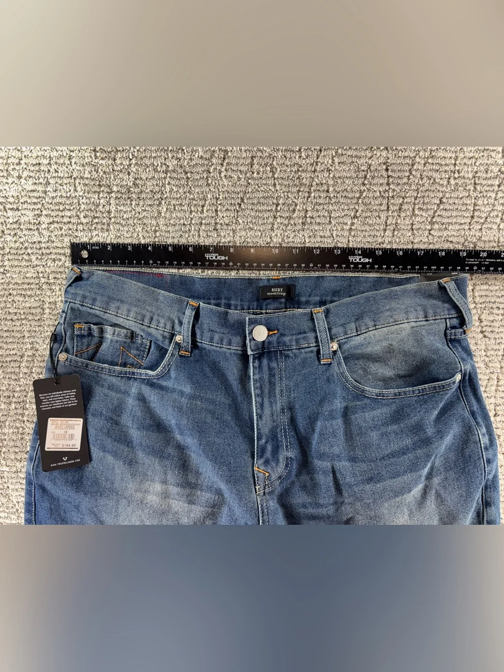 NWT True Religion 38/34 Medium Ocean Storm Ricky Ladder Stitch Straight Jeans